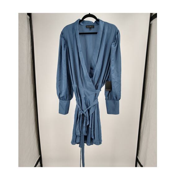 Eloquii Dress Plus 24 Mini Satin Wrap Puff Sleeve Ruffle Tie Waist Blue NWT - Picture 4 of 10